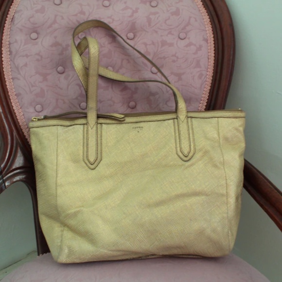 Fossil Gold Saffiano Textured Leather Top Handle Tote Bag Purse - Picture 1 of 5